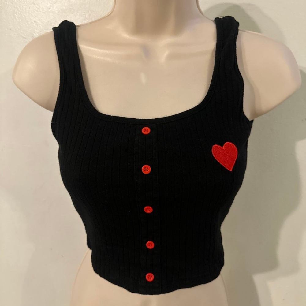 Black Ribbed Tank Top with Red Heart Detail